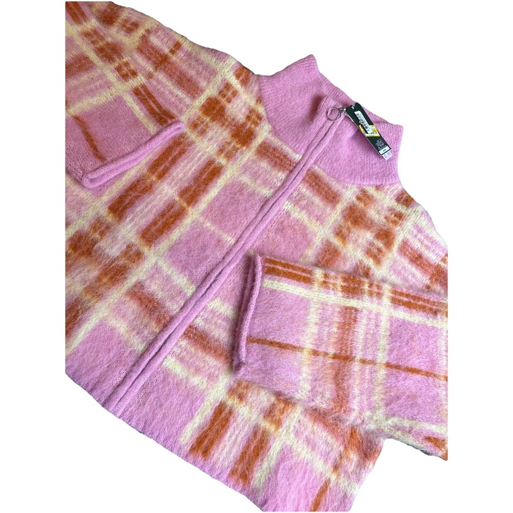 Wild Fable Women's Full Zip Cropped‎ Cardigan Pink Plaid Medium NWT